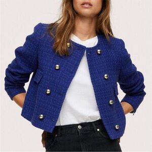 Mango Double Breasted Crop Tweed Jacket Size Large